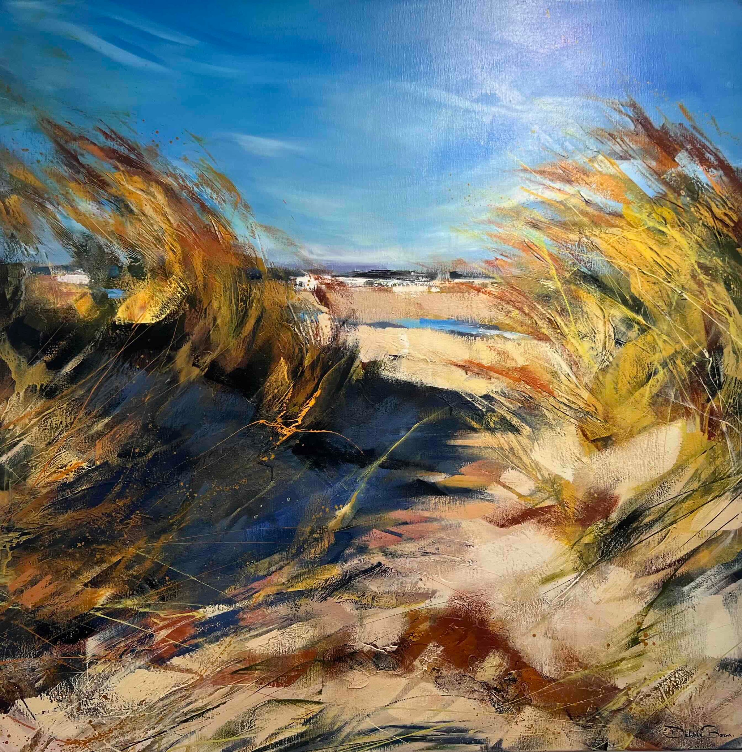 Artistic depiction of a landscape with grasses and a clear sky