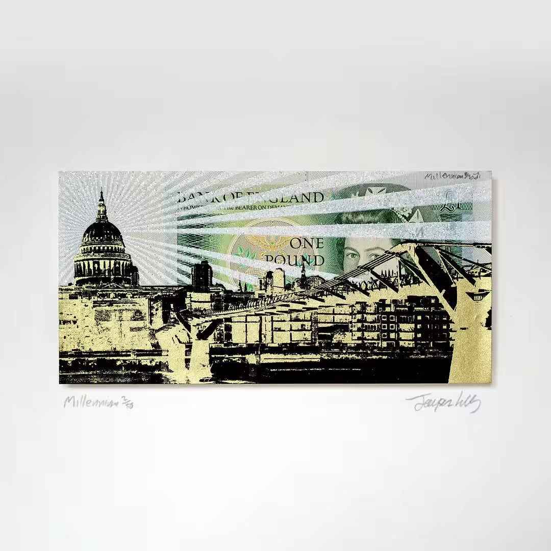 A Jayson Lilley limited edition screen print of a one pound note with a view of London over the top, the title is Millennium