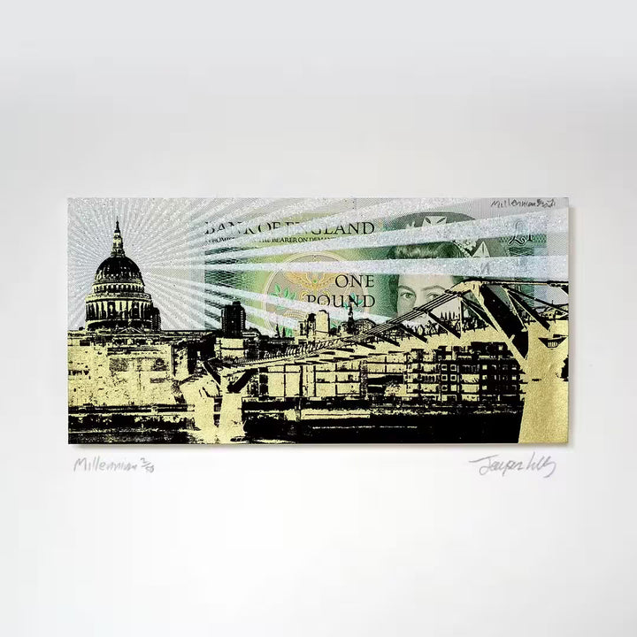 A Jayson Lilley limited edition screen print of a one pound note with a view of London over the top, the title is Millennium