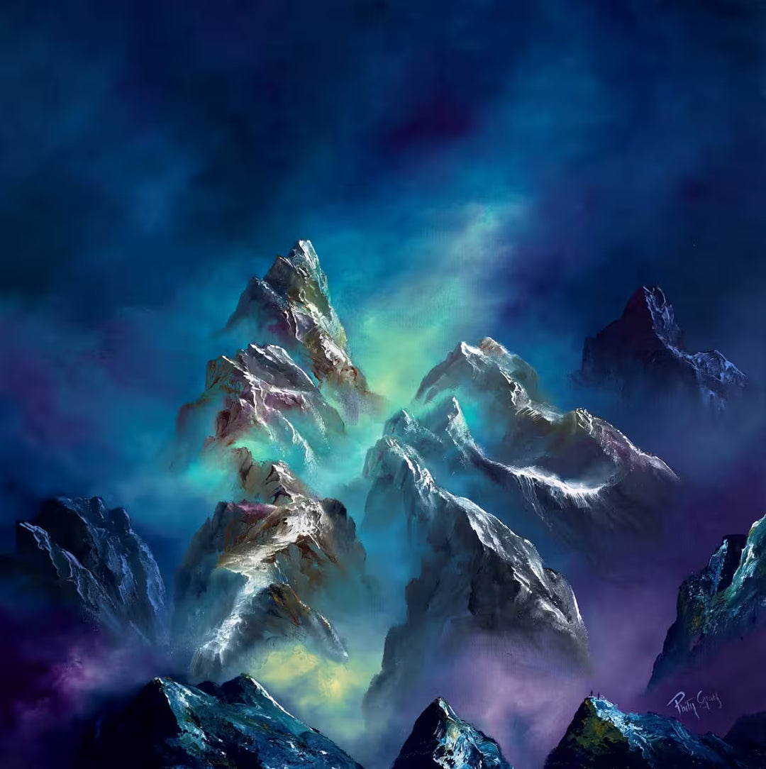 A Philip Gray original of some mountain peaks with dark purple and blue clouds surrounding, the title is Misty Mountain Peaks