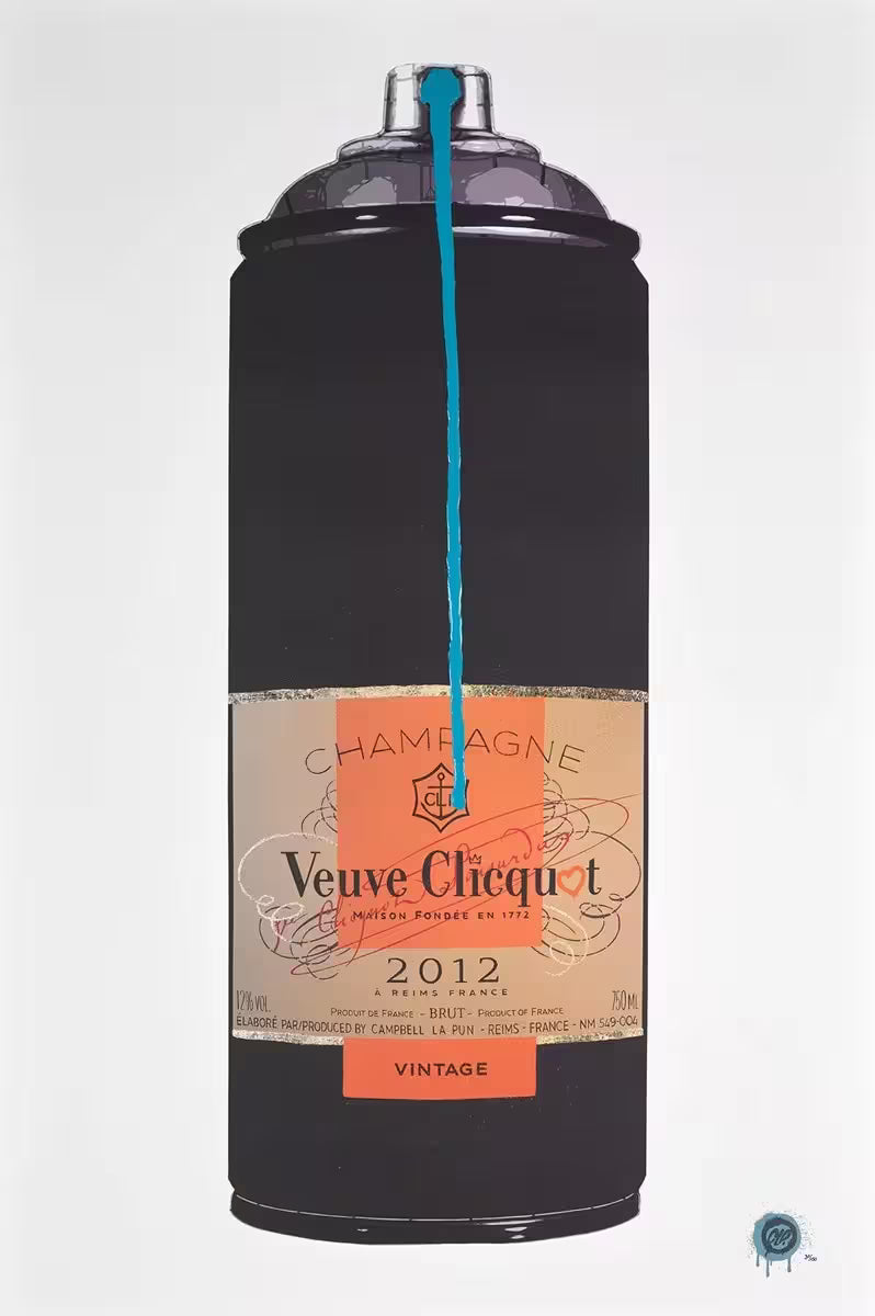 A Campbell La Pun limited edition piece of spray can with a Veuve Cliquot label on it against a white background, the title is Modern Vintage