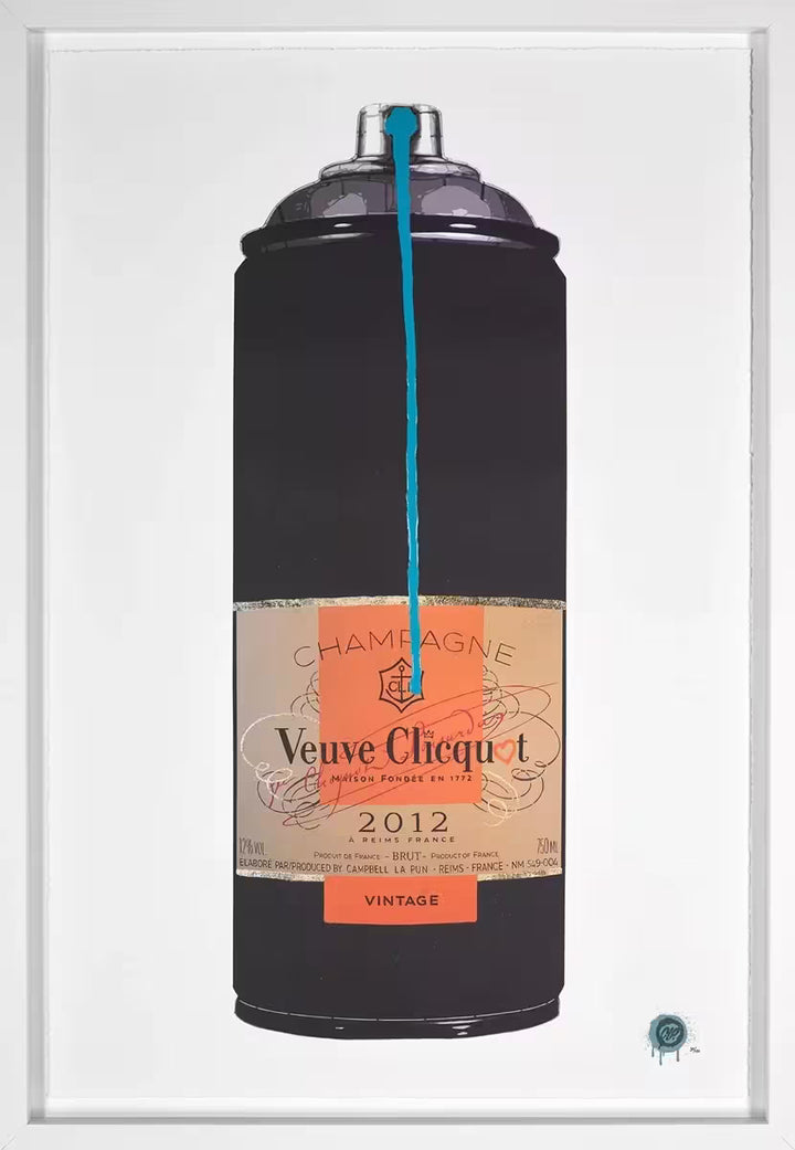 A Campbell La Pun limited edition piece of spray can with a Veuve Cliquot label on it against a white background, the title is Modern Vintage