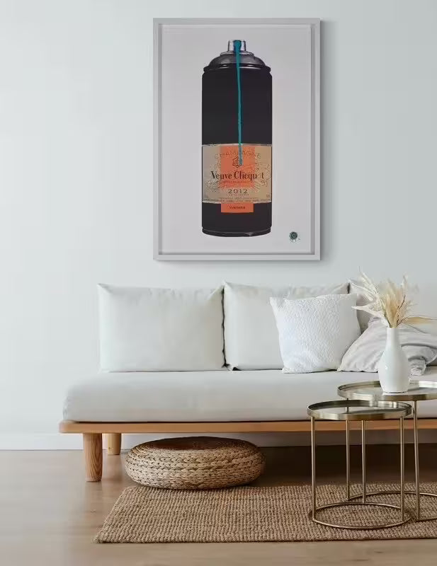 A Campbell La Pun limited edition piece of spray can with a Veuve Cliquot label on it against a white background, the title is Modern Vintage