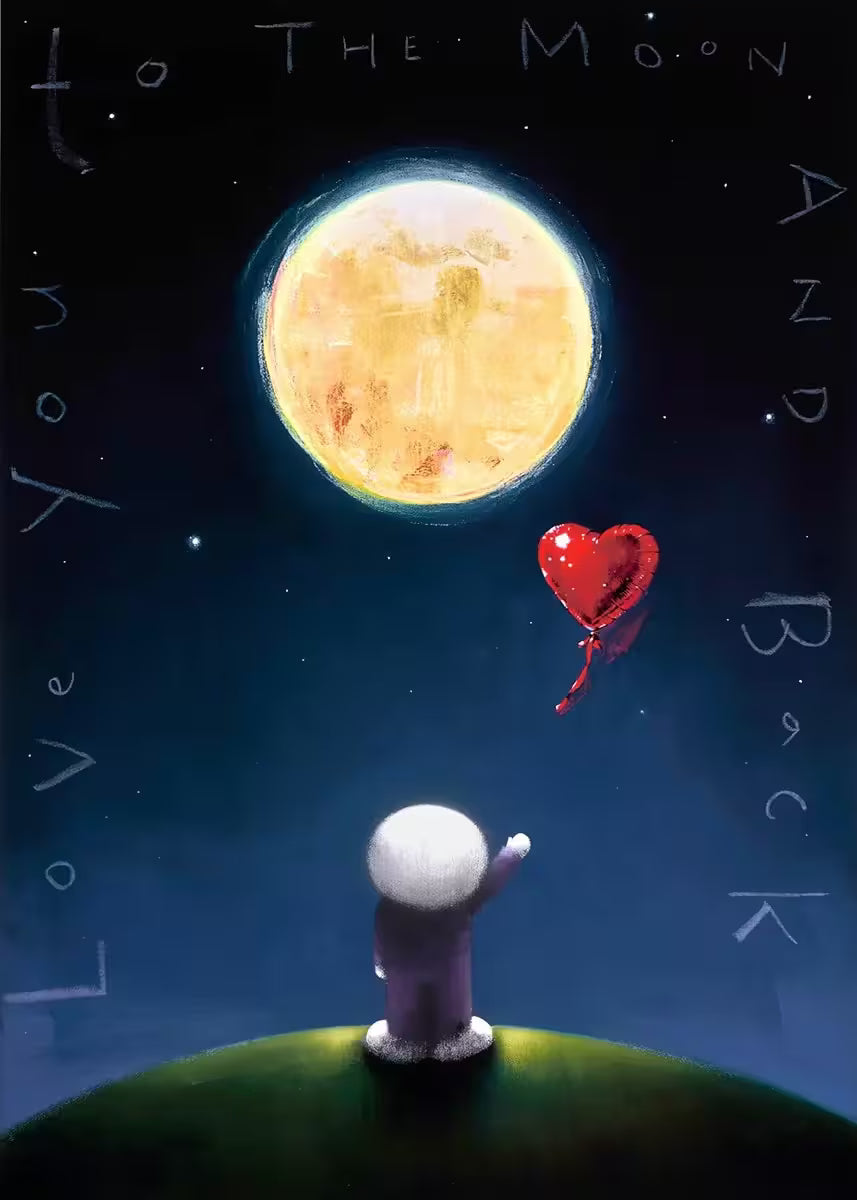 A Doug Hyde limited edition of a person standing on a hill and facing the moon and letting go of a red heart shaped balloon, the title is Moongazing