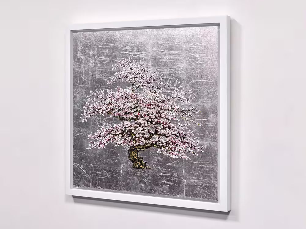 Framed artwork of a cherry blossom tree on a textured gray background, Moonlight by Jack Frame