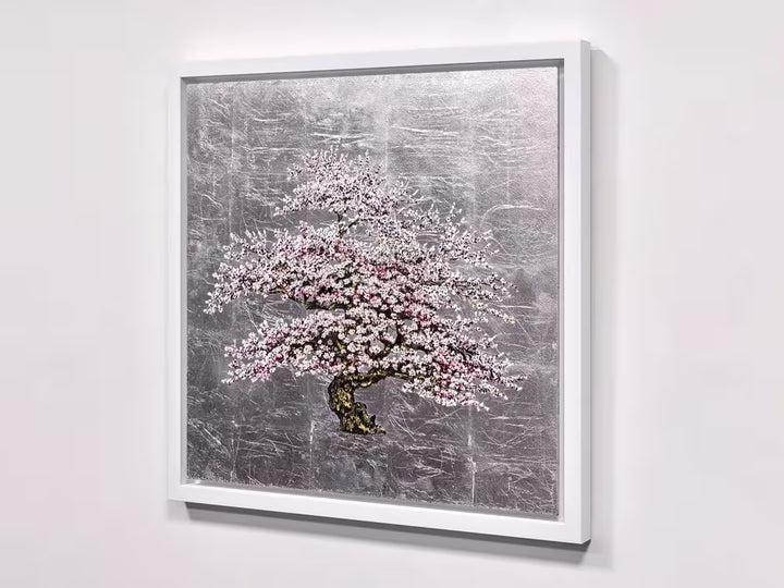 Framed artwork of a cherry blossom tree on a textured gray background, Moonlight by Jack Frame