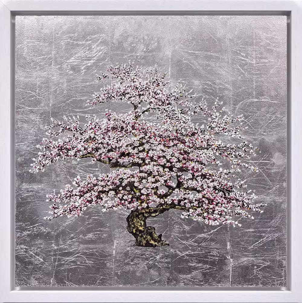 Framed artwork of a cherry blossom tree with pink flowers on a textured gray background, Moonlight by Jack Frame