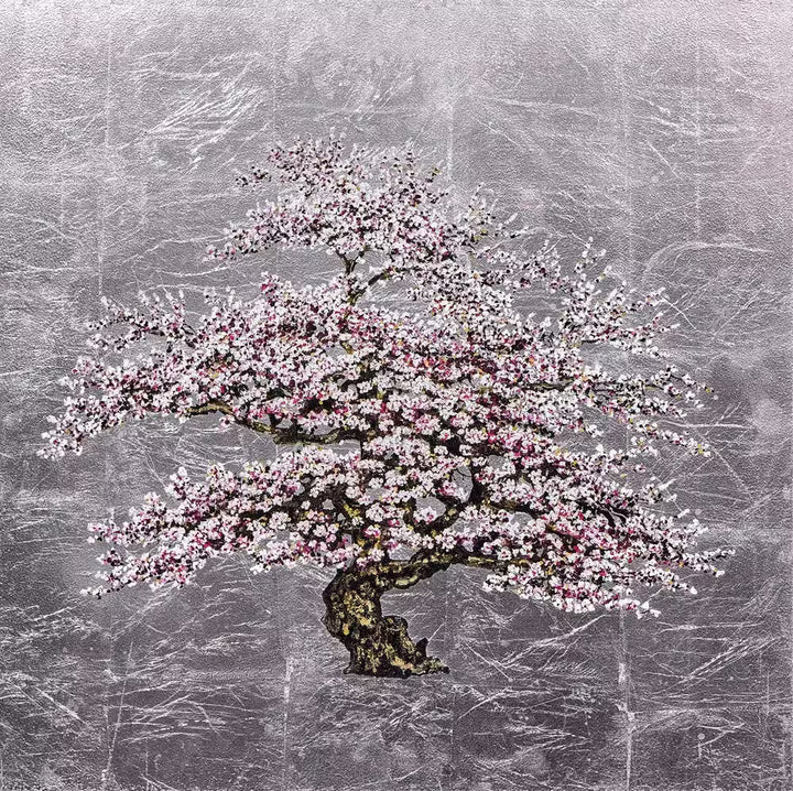 Cherry blossom tree with pink flowers on a textured gray background, Moonlight by Jack Frame