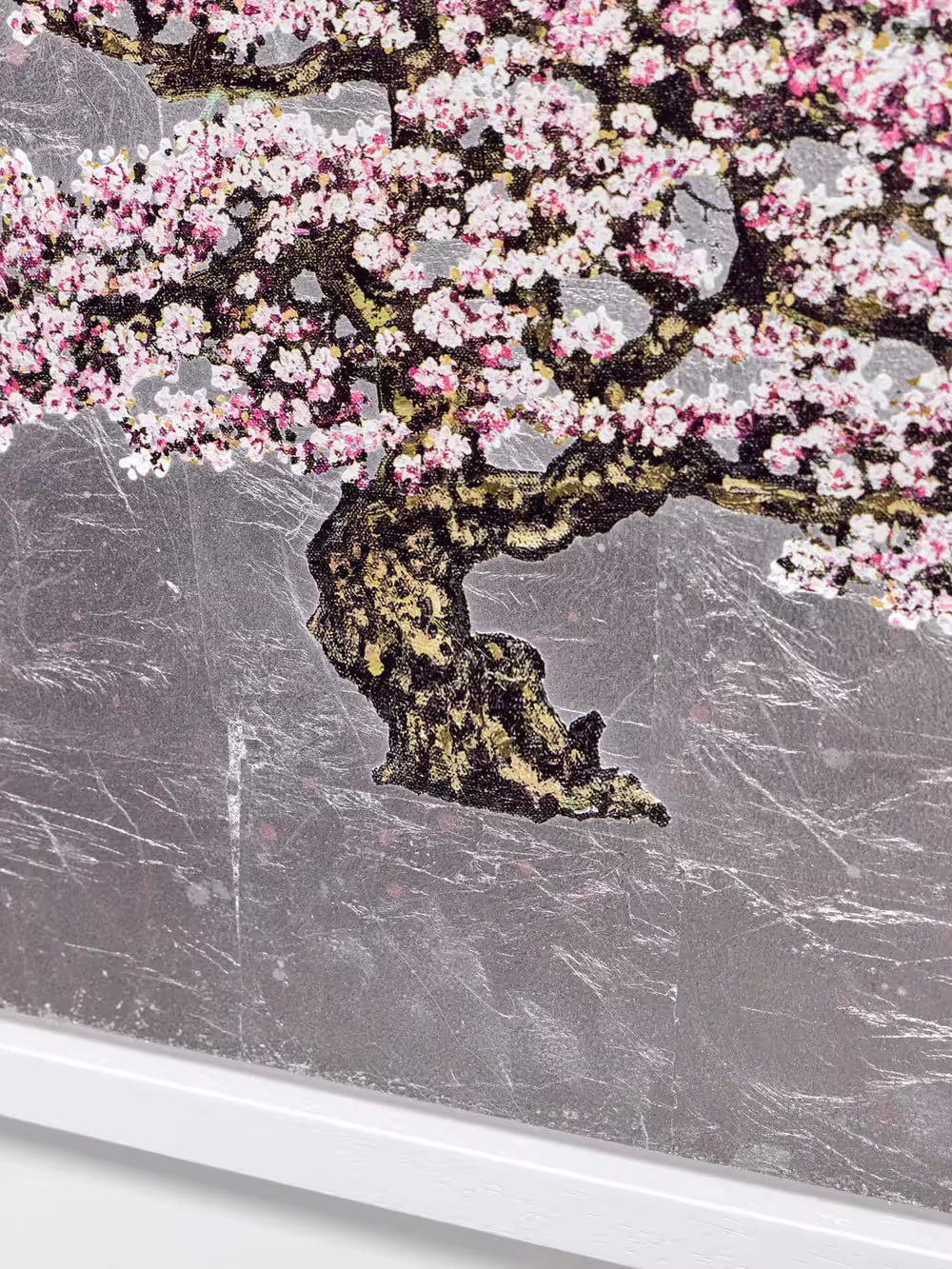 Close-up of a cherry blossom tree with pink flowers on a gray background, Moonlight by Jack Frame