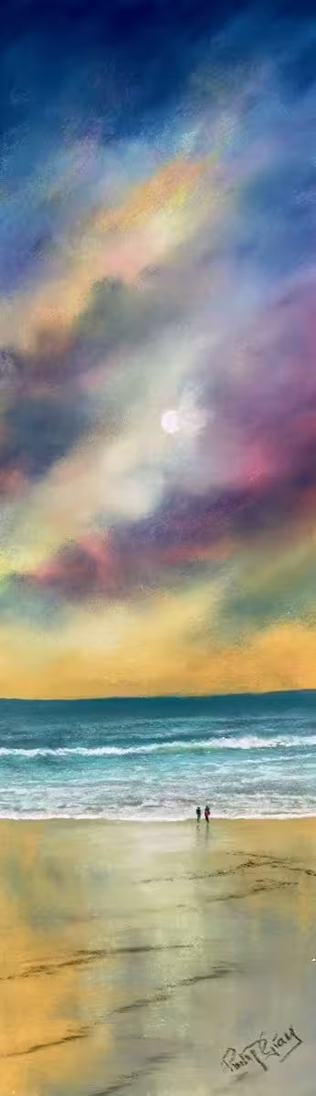 A Philip Gray original of a shoreline with a dusky sunset sky, the title is Moonlit Walk IV