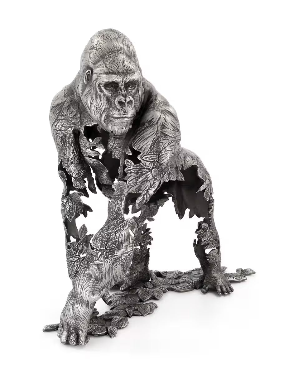 Silver Gorilla figurine with detailed patterns on a white background, Mountain King by Dean Kendrick