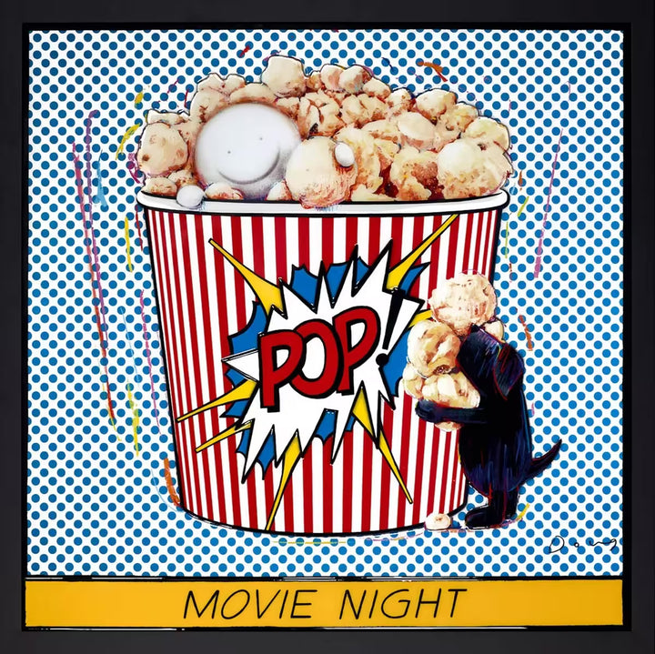 A Doug Hyde framed limited edition of a person in a bucket filled with popcorn with a dog holding popcorn at the bottom against a blue pop art background, the title is Movie Night