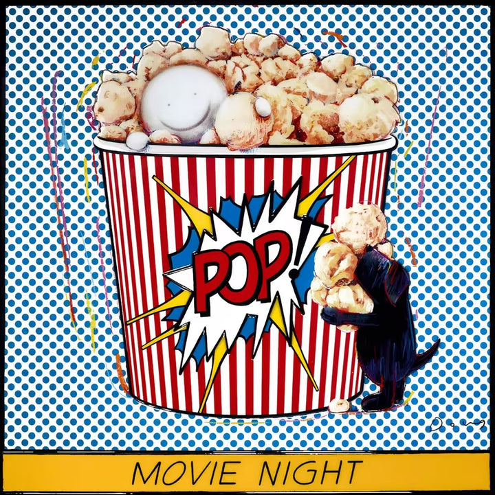 A Doug Hyde limited edition of a person in a bucket filled with popcorn with a dog holding popcorn at the bottom against a blue pop art background, the title is Movie Night