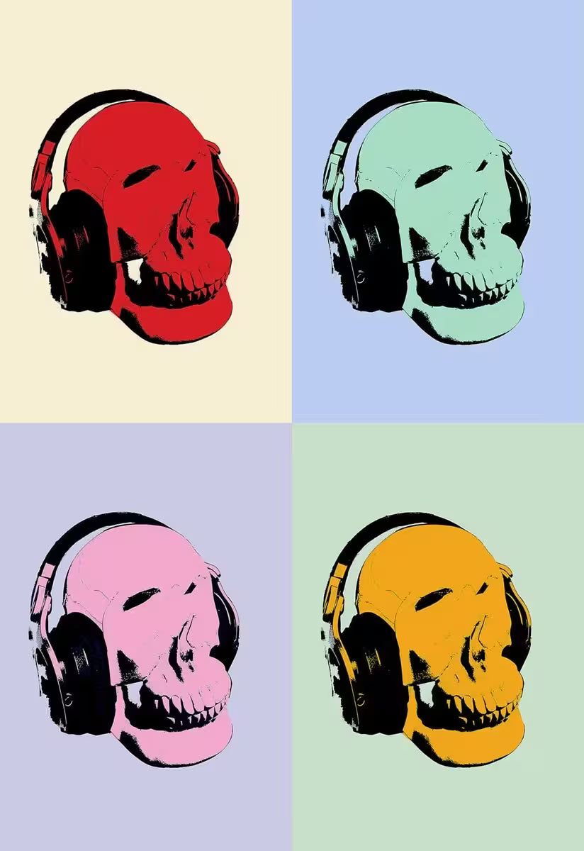 A Maxim limited edition of four skulls with headphones on in different colours, the title is Music Lover