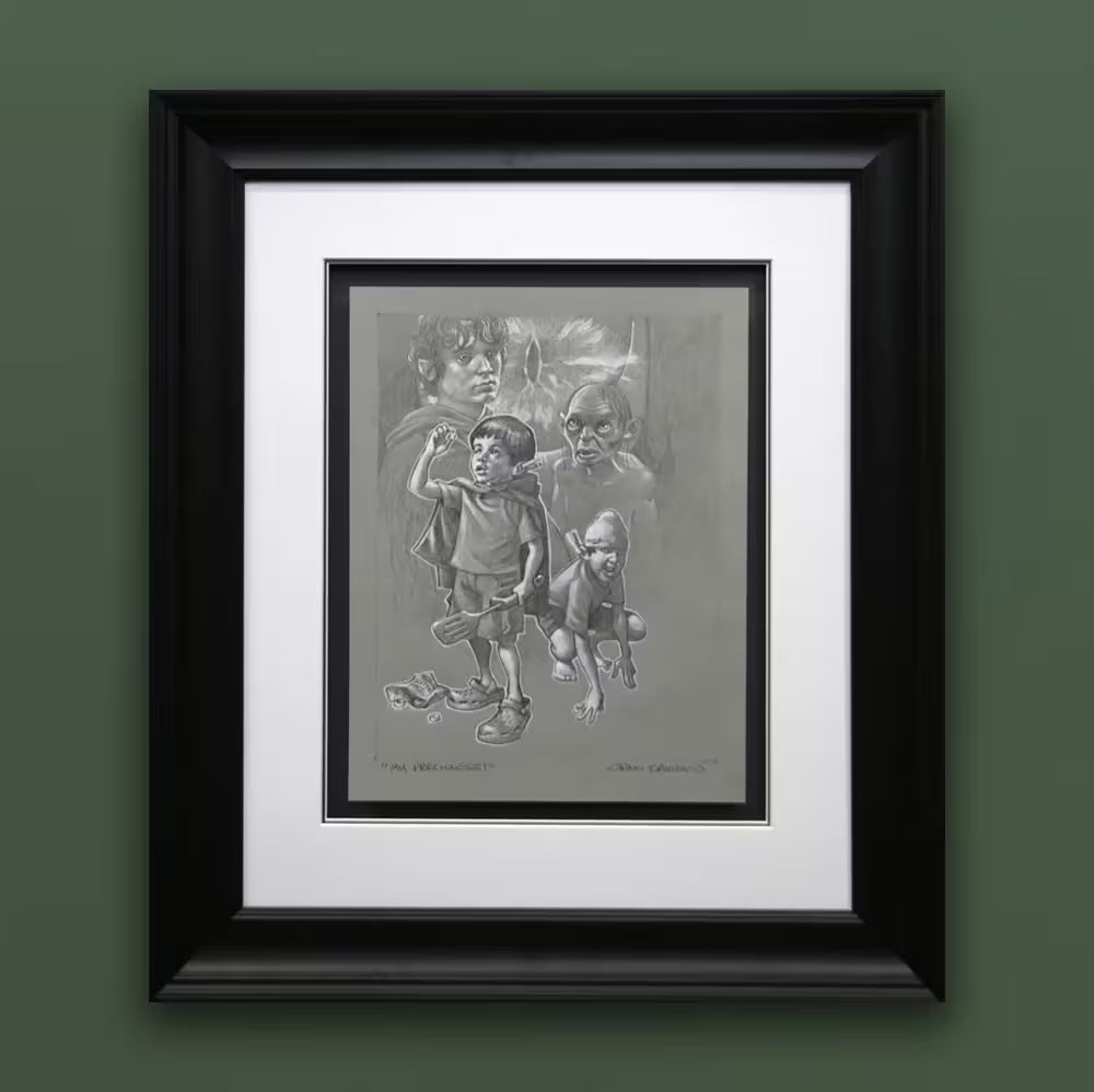 A limited edition print of two boys pretending to be hobbits, the title is My Preciousss (Sketch)