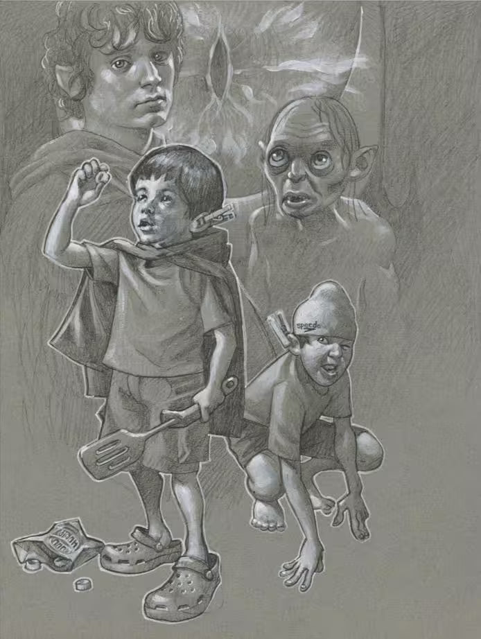 A limited edition print of two boys pretending to be hobbits, the title is My Preciousss (Sketch)