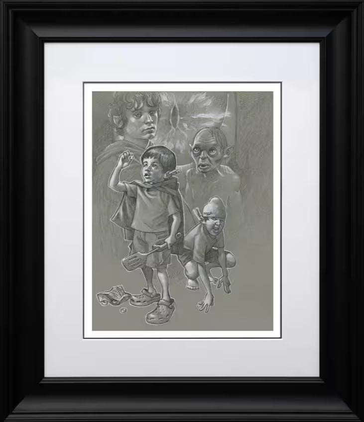 A limited edition print of two boys pretending to be hobbits, the title is My Preciousss (Sketch)