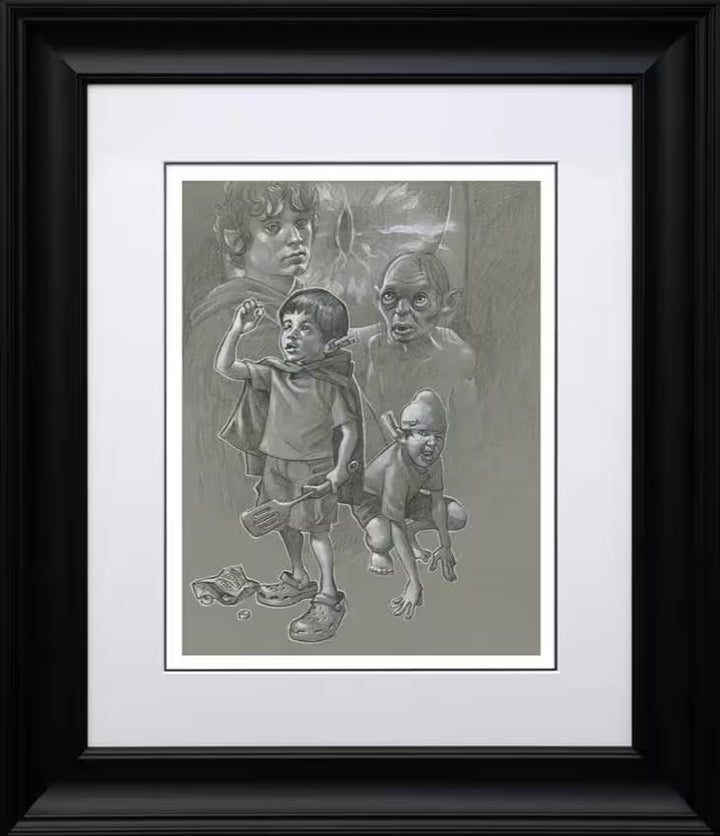 A limited edition print of two boys pretending to be hobbits, the title is My Preciousss (Sketch)