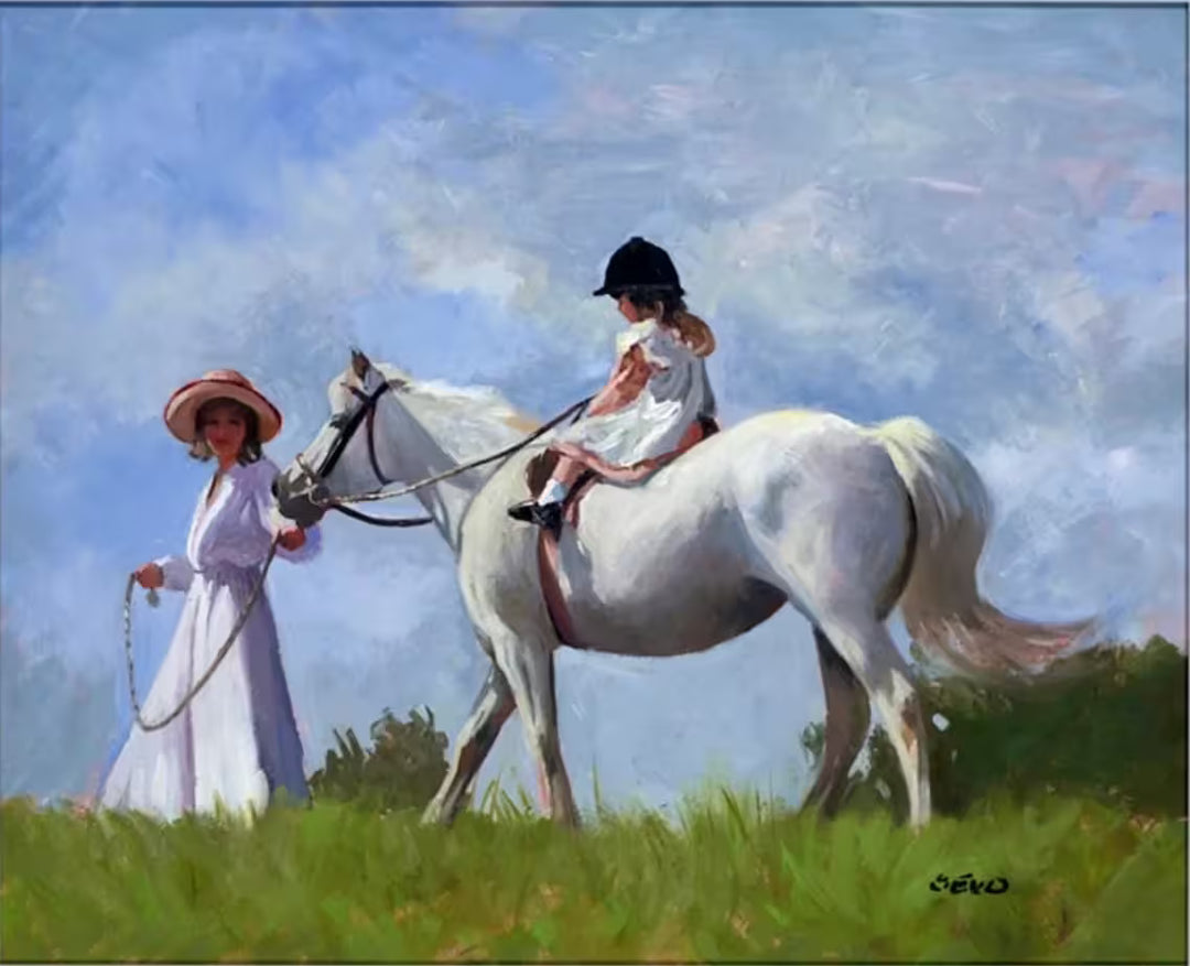 A Sherree Valentine Daines original of a lady guiding a white horse with a child sat on it, the title is My First Pony Ride