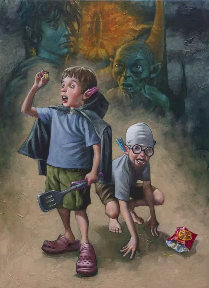 A Craig Davison limited edition of two boys pretending to be Hobbits, the title is My Preciousss