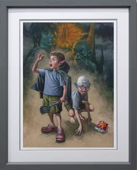 A Craig Davison limited edition of two boys pretending to be Hobbits, the title is My Preciousss