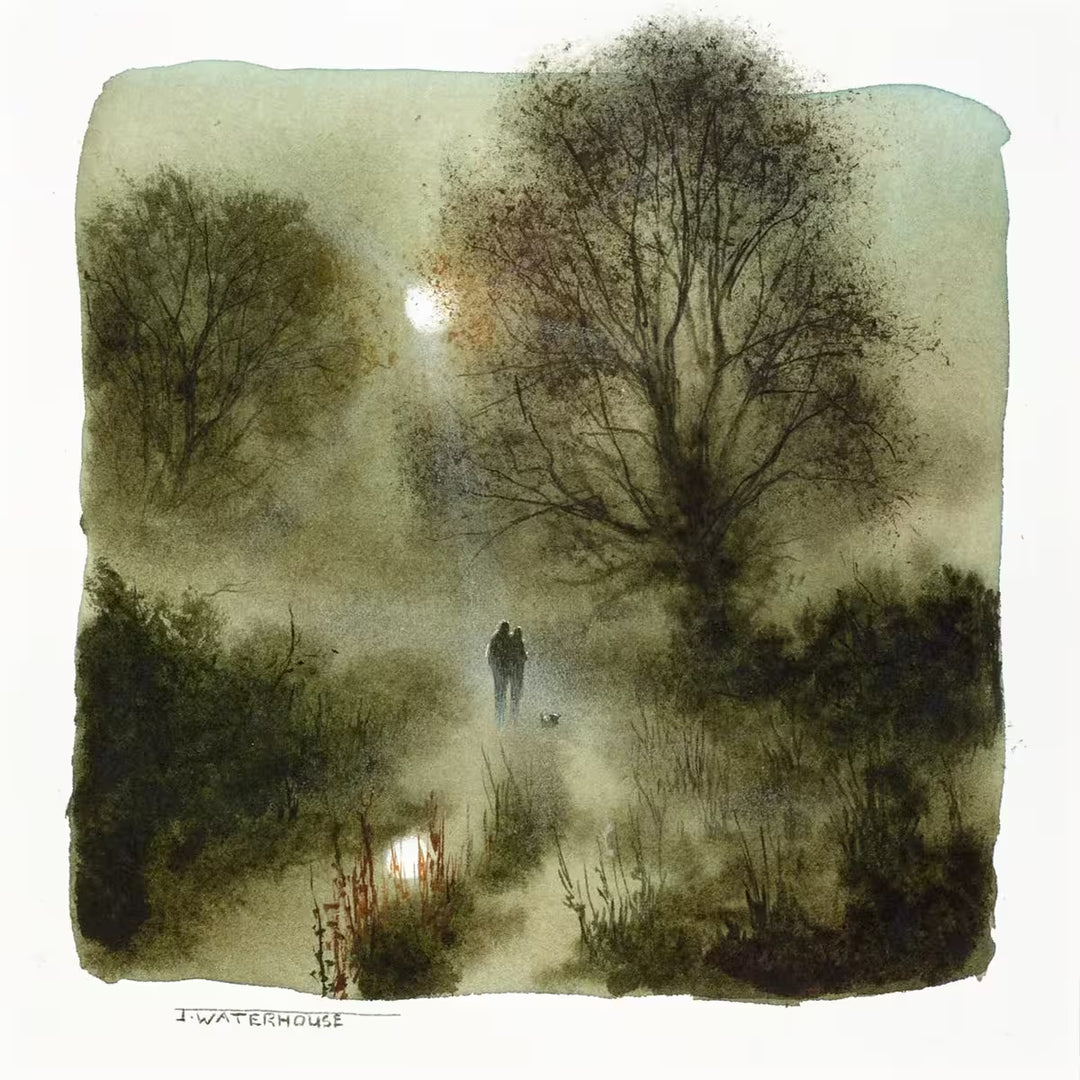 A John Waterhouse original study of two people walking through a misty forest, the title is My Soulmate