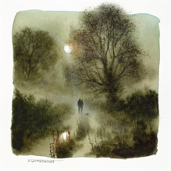 A John Waterhouse original study of two people walking through a misty forest, the title is My Soulmate