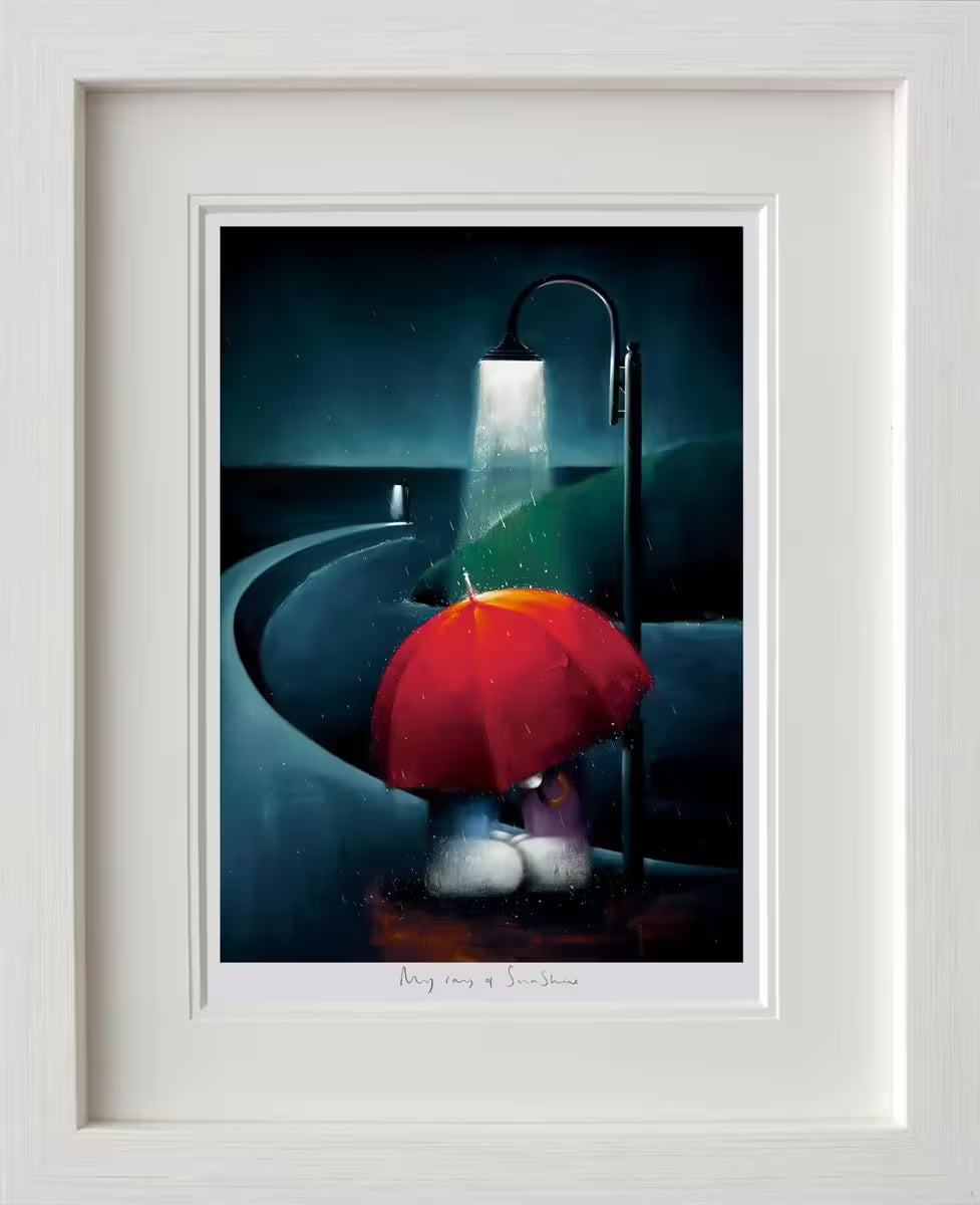 A Doug Hyde framed limited edition print of two people standing under a red umbrella in the rain underneath a street lamp, the title is My Ray of Sunshine