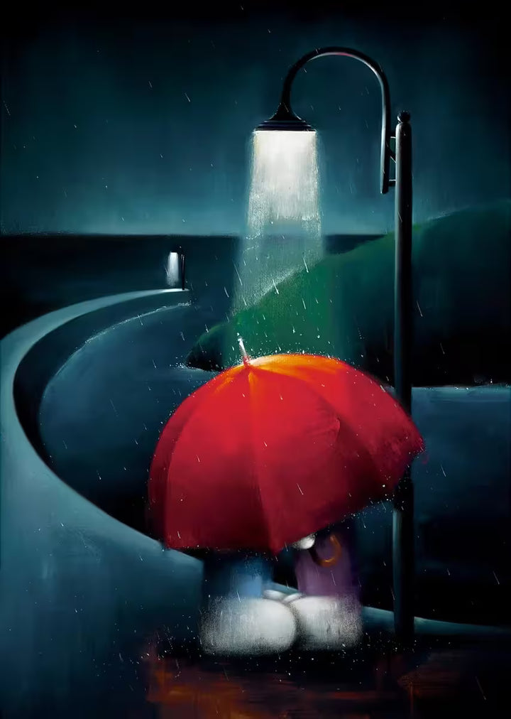 A Doug Hyde limited edition print of two people standing under a red umbrella in the rain underneath a street lamp, the title is My Ray of Sunshine