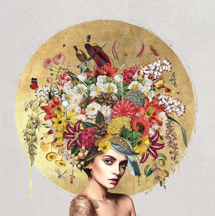A Matt Herring limited edition of a woman with flowers and butterflies coming out of her head, the title is Natures Alchemy I