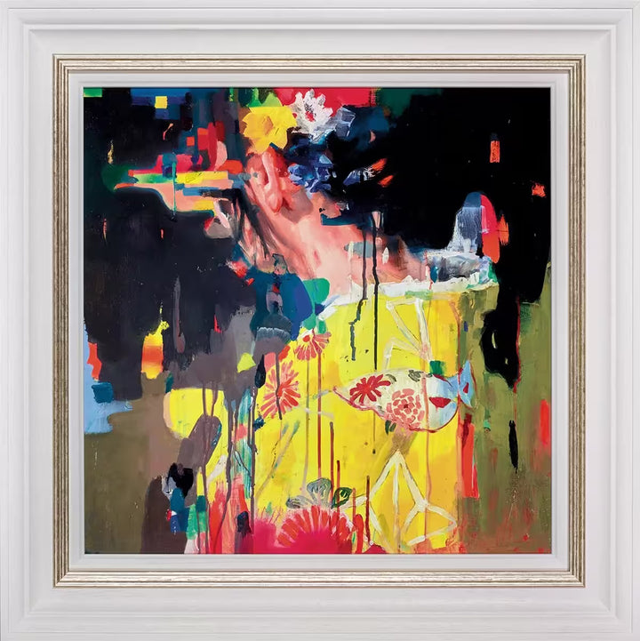 A framed limited edition piece by Christian Hook of a Geishas neck surrounded by bright neon colours, the title is Neon Electronica Alpha