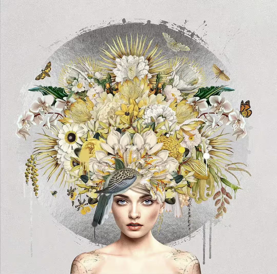 A Matt Herring limited edition of a woman with flowers and butterflies coming out of her head, the title is Natures Alchemy II