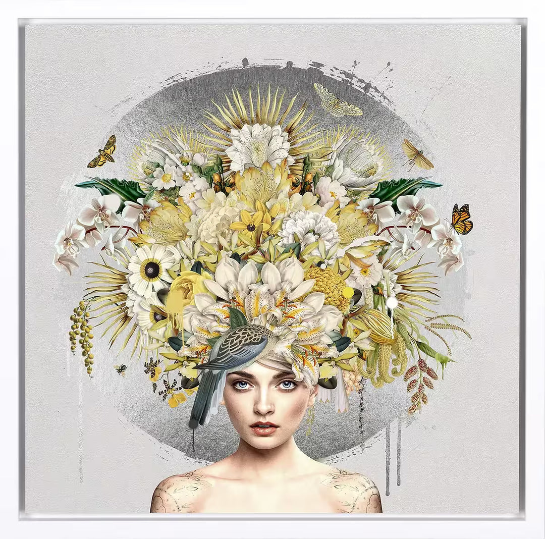 A Matt Herring limited edition of a woman with flowers and butterflies coming out of her head, the title is Natures Alchemy II