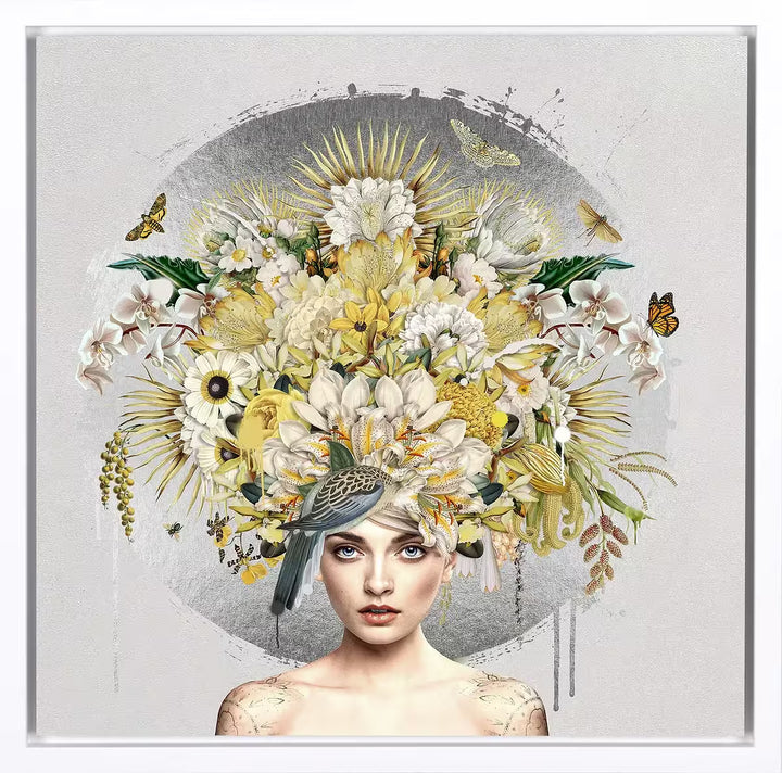 A Matt Herring limited edition of a woman with flowers and butterflies coming out of her head, the title is Natures Alchemy II