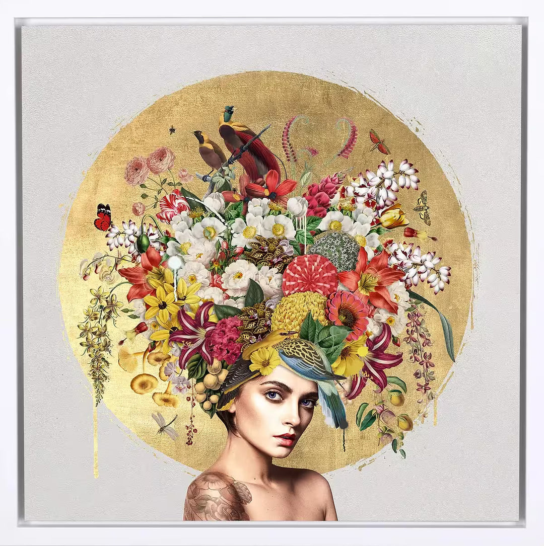 A Matt Herring limited edition of a woman with flowers and butterflies coming out of her head, the title is Natures Alchemy I