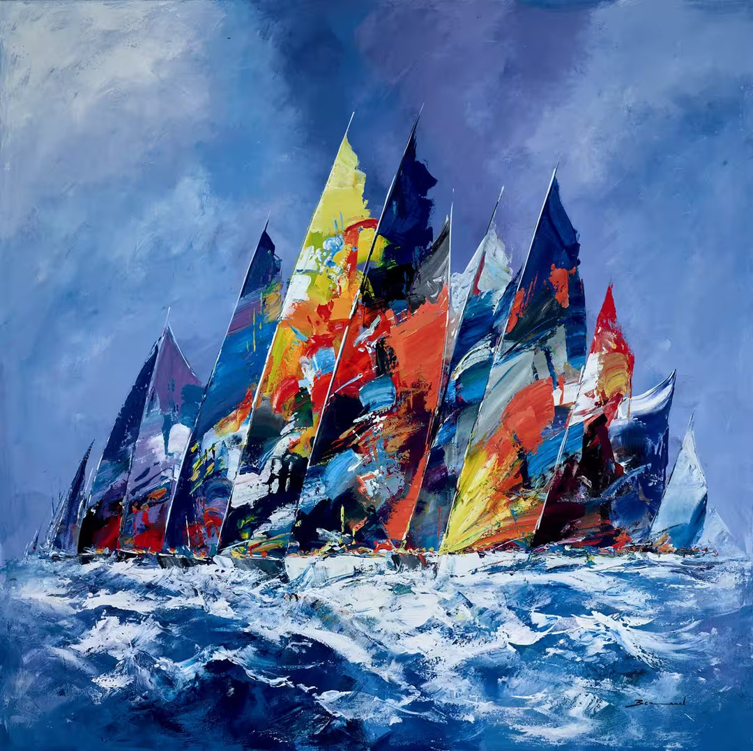 Colorful sailboats on a blue ocean with a cloudy sky, Nautical Joy III by Bernard