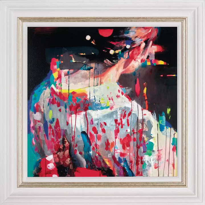 A framed limited edition piece by Christian Hook of a Geishas neck surrounded by bright neon colours, the title is Neon Electronica Beta