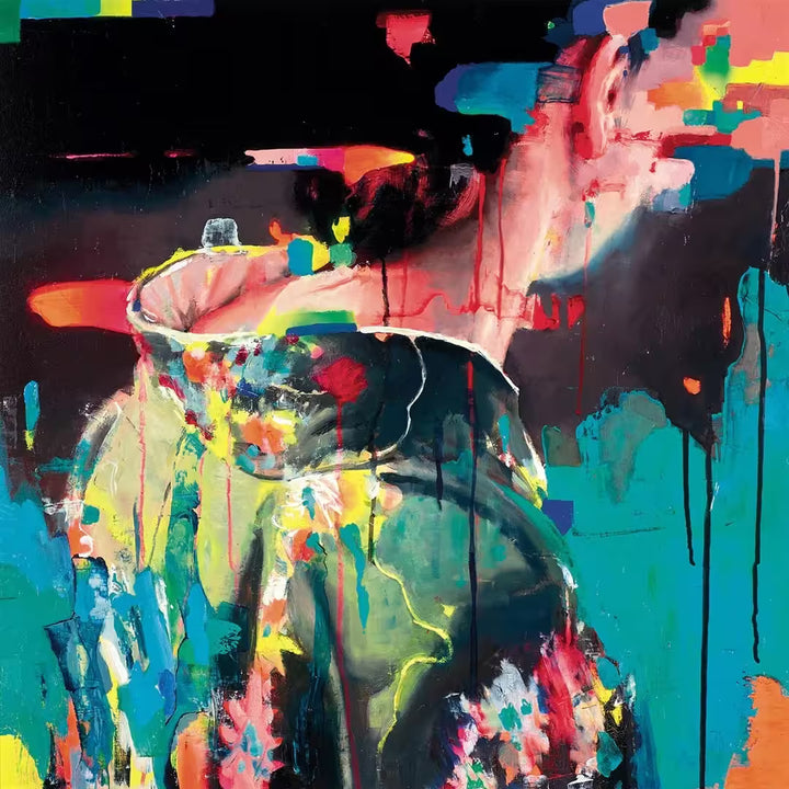 A limited edition piece by Christian Hook of a Geishas neck surrounded by bright neon colours, the title is Neon Electronica Delta