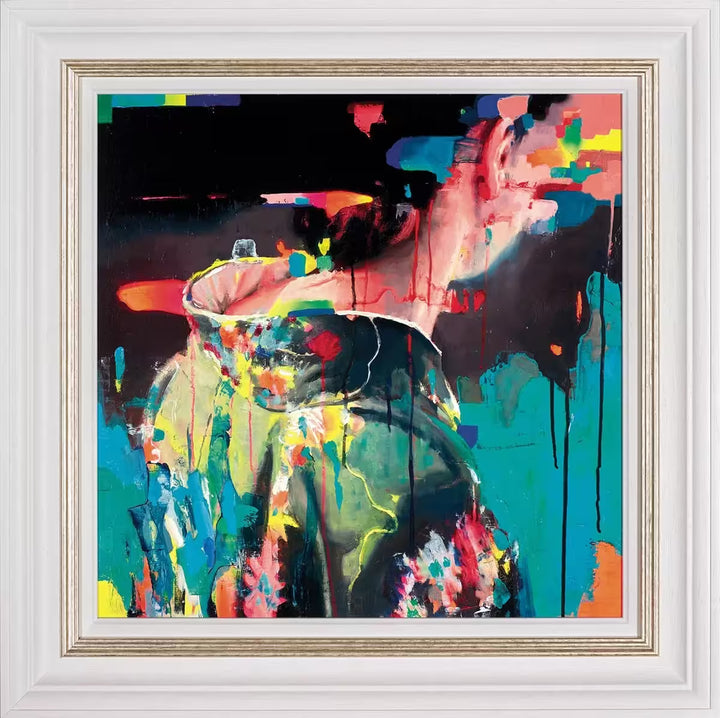 A framed limited edition piece by Christian Hook of a Geishas neck surrounded by bright neon colours, the title is Neon Electronica Delta