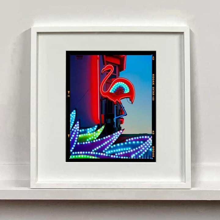 A white framed limited edition photograph by Richard Heeps using vibrant colours, the title is Neon Flamingo, Norfolk, 2022