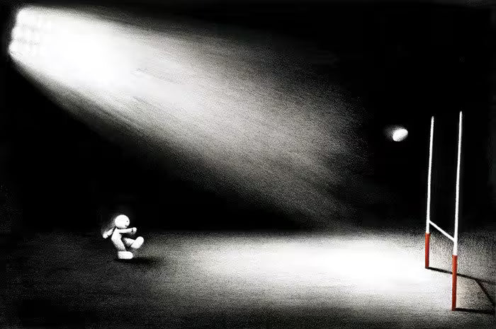 A Doug Hyde limited edition print of a rugby player kicking a ball over a goal post and a ray of light shining down, the title is Nerves of Steel
