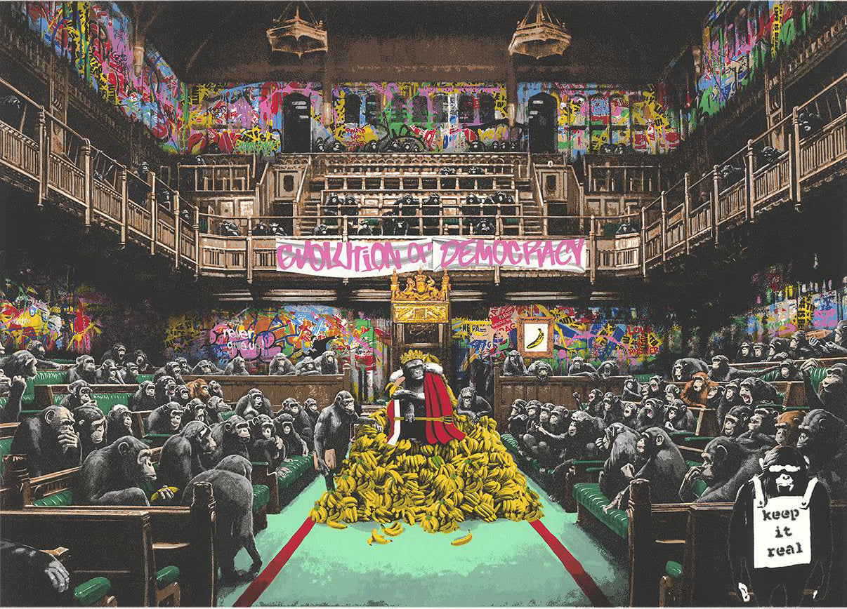 Pop art piece Swinging the Truth by Mr. Brainwash, satirical scene in House of Commons, available at Startle