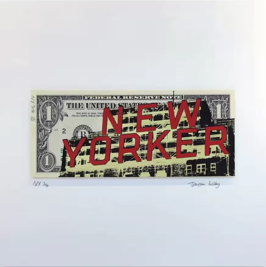 A Jayson Lilley limited edition screen print of a Dollar bill with screen print over the top, the title is NY