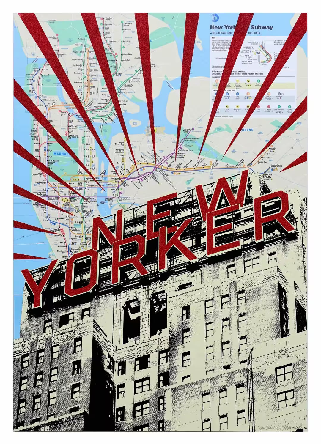 A Jayson Lilley limited edition screen print of a New York subway map with a building screen printed over the top, the title is New Yorker