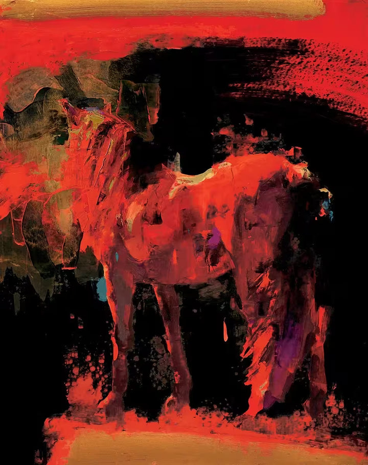 A limited edition piece by Christian Hook of a red horse against a black and brown background, the title is Newton Series II Red B