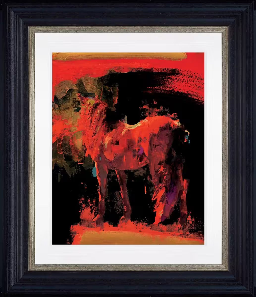 A framed limited edition piece by Christian Hook of a red horse against a black and brown background, the title is Newton Series II Red B
