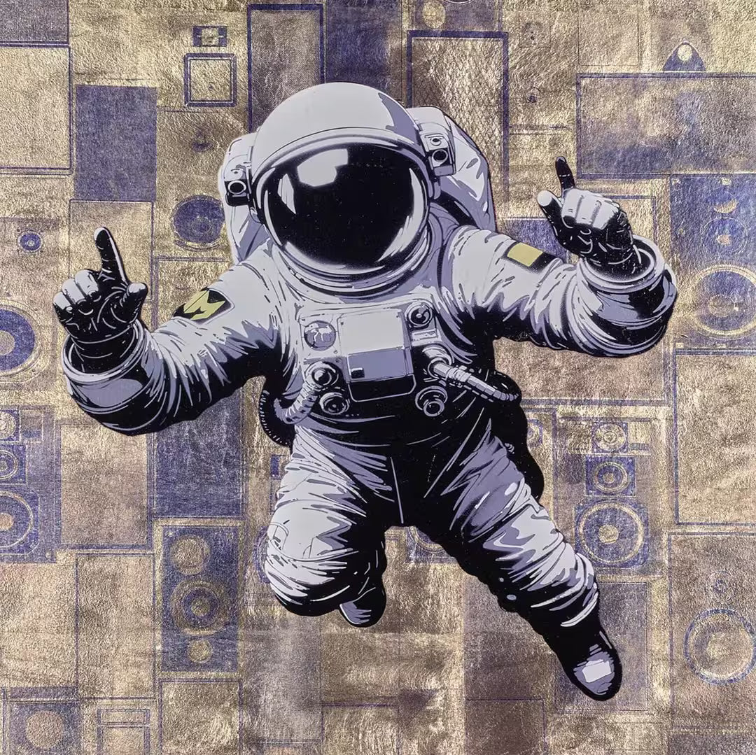 A Maxim limited edition of an astronaut floating against a pattern, the title is No Limits