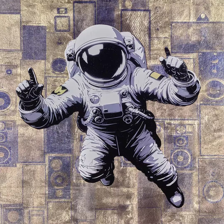 A Maxim limited edition of an astronaut floating against a pattern, the title is No Limits