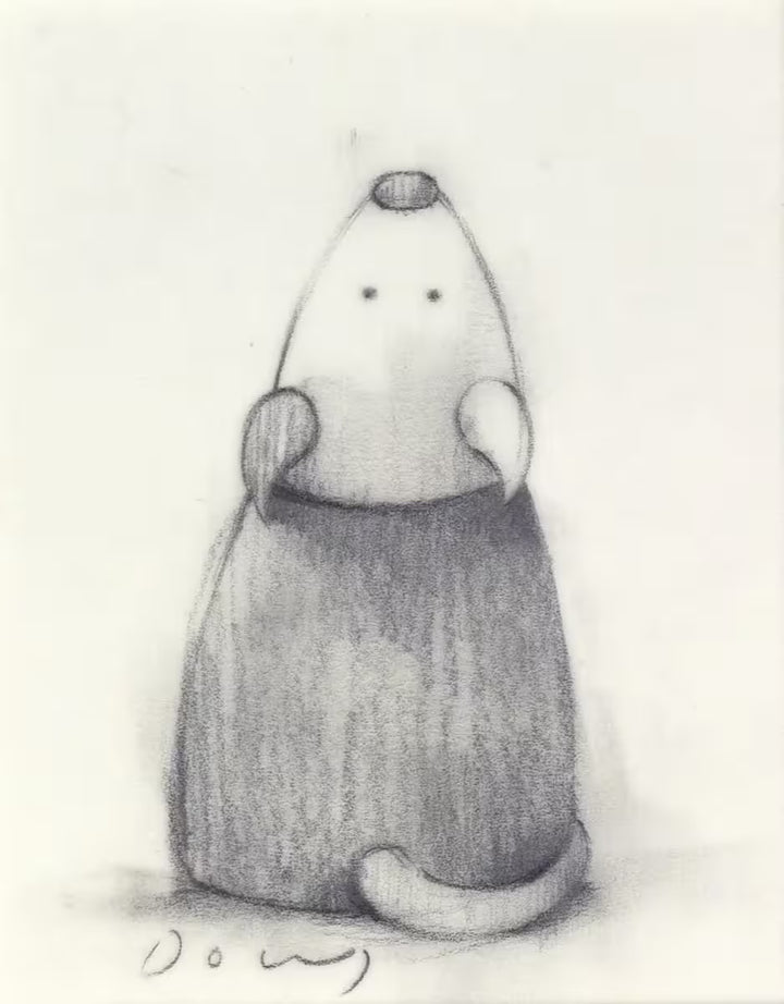 A Doug Hyde original sketch of a dog looking up, the title is Noisy Neighbour II