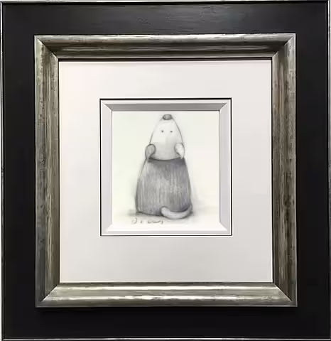 A Doug Hyde framed original sketch of a dog looking up, the title is Noisy Neighbour II